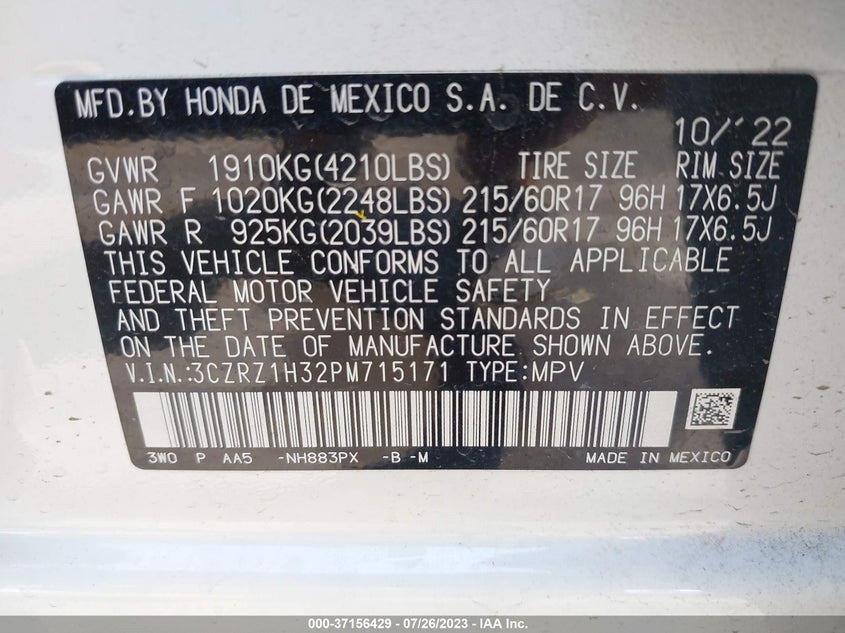 VIN 3CZRZ1H32PM715171 2023 HONDA HR-V LX