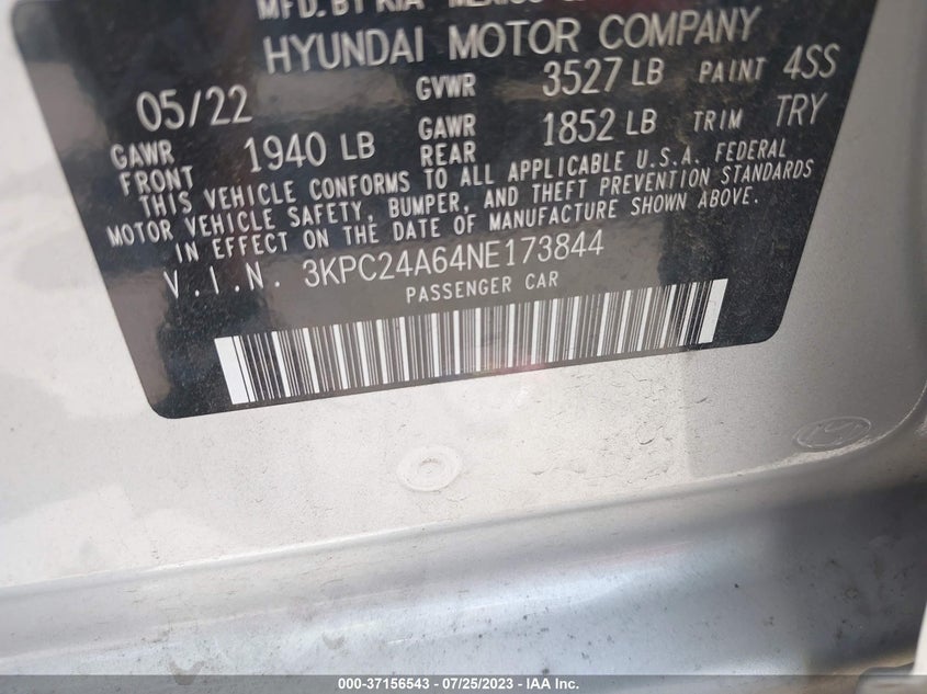 VIN 3KPC24A64NE173844 2022 HYUNDAI ACCENT SE
