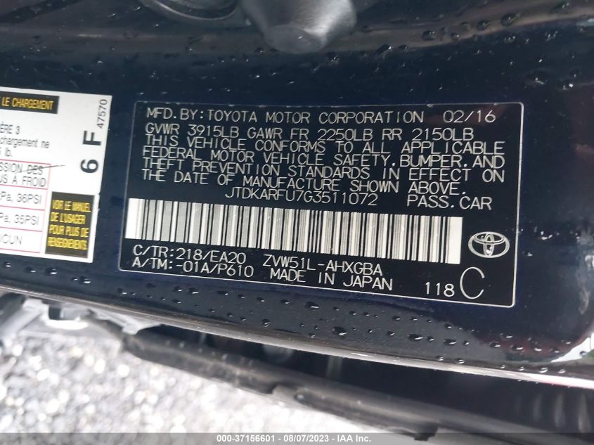 2016 TOYOTA PRIUS FOUR - JTDKARFU7G3511072