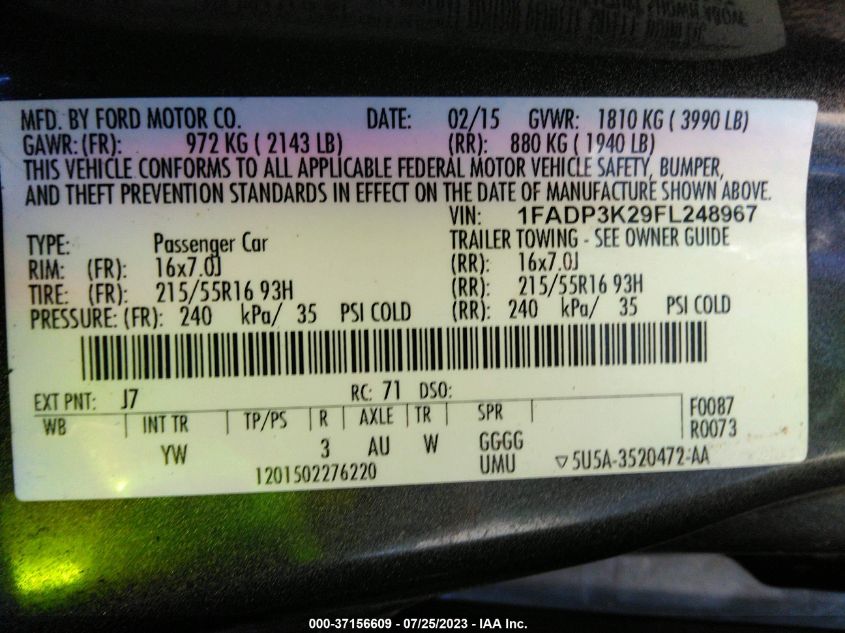 2015 FORD FOCUS SE - 1FADP3K29FL248967