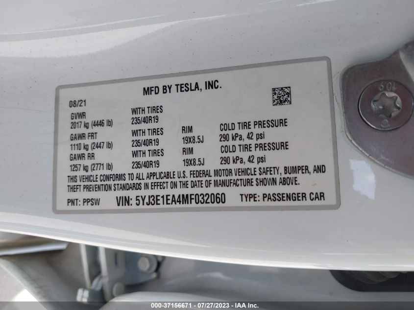 2021 TESLA MODEL 3 STANDARD RANGE PLUS - 5YJ3E1EA4MF032060