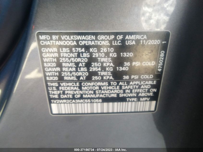 2021 VOLKSWAGEN ATLAS 3.6L V6 SE W/TECHNOLOGY - 1V2WR2CA3MC551056