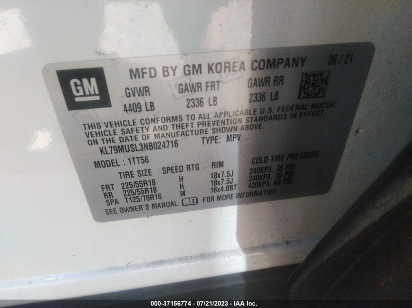 2022 CHEVROLET TRAILBLAZER RS - KL79MUSL3NB024716