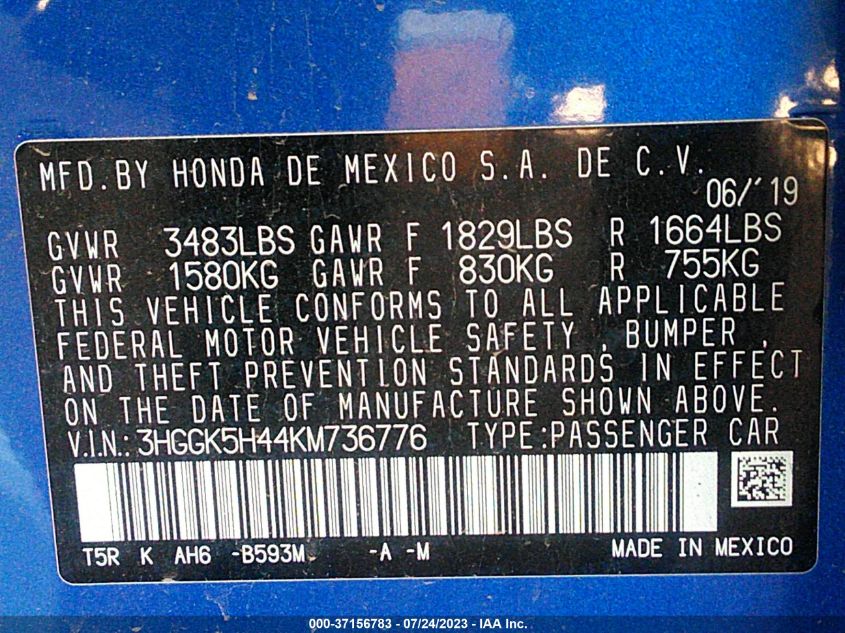 2019 HONDA FIT LX - 3HGGK5H44KM736776