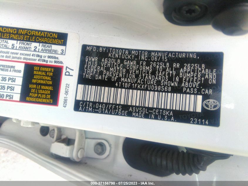 2015 TOYOTA CAMRY XLE/SE/LE/XSE - 4T1BF1FKXFU098568