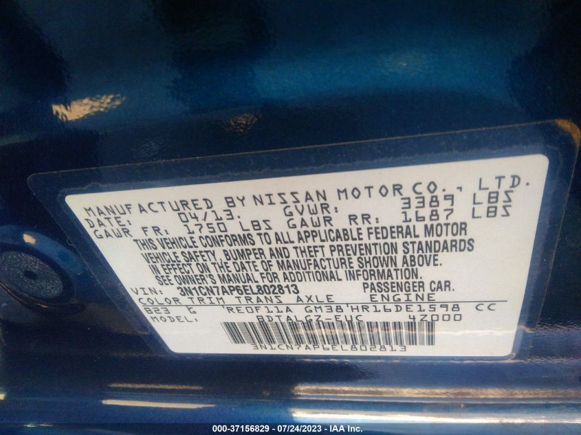 2014 NISSAN VERSA SL - 3N1CN7AP6EL802813