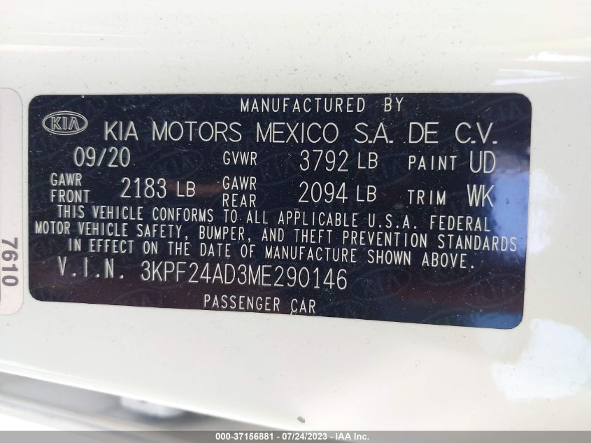2021 KIA FORTE LXS - 3KPF24AD3ME290146