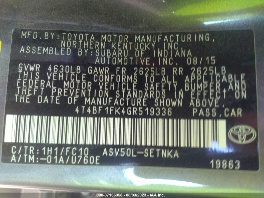 2016 TOYOTA CAMRY XLE/SE/LE/XSE - 4T4BF1FK4GR519336