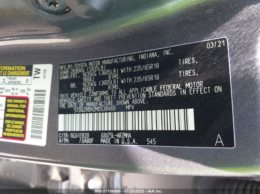 2021 TOYOTA HIGHLANDER XLE - 5TDGZRBH2MS538469