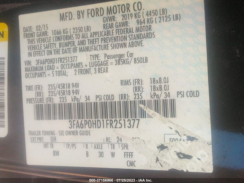 2015 FORD FUSION SE - 3FA6P0HD1FR251377