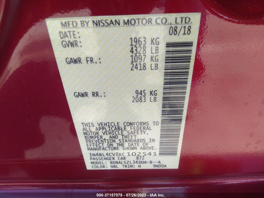 2019 NISSAN ALTIMA 2.5 SR - 1N4BL4CV8KC102541