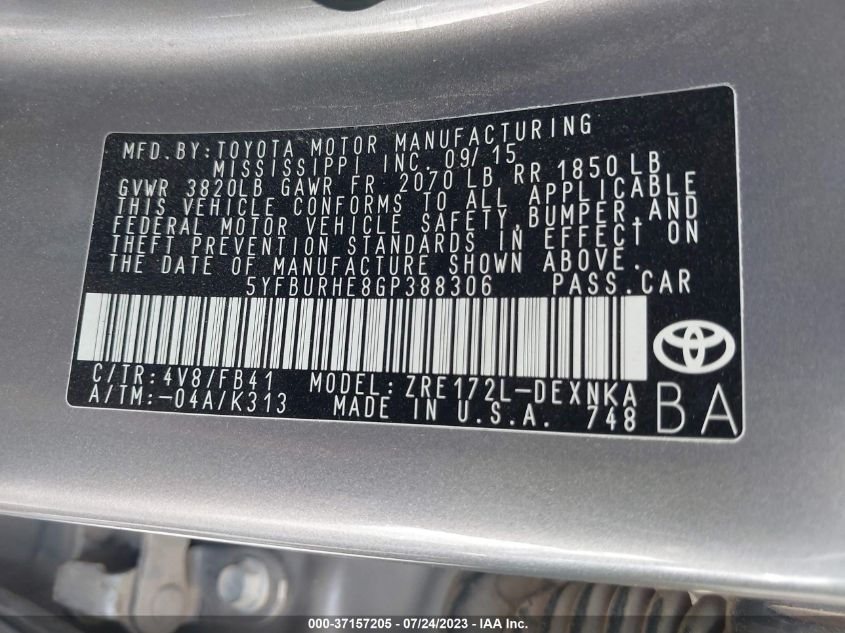 2016 TOYOTA COROLLA L/LE/S/S PLUS/LE PLUS - 5YFBURHE8GP388306