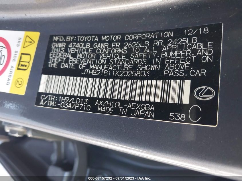2019 LEXUS ES ES 300H - JTHB21B11K2025803