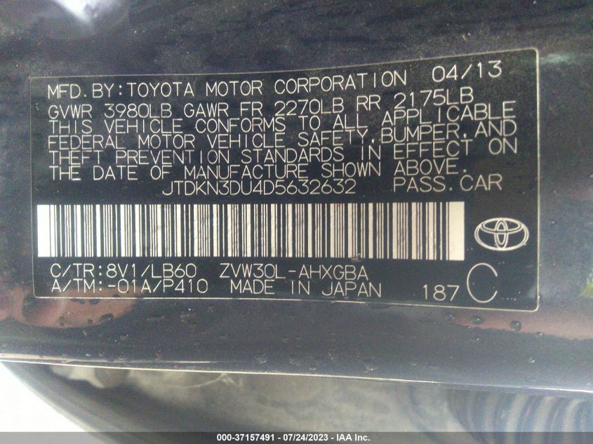 2013 TOYOTA PRIUS ONE/TWO/THREE/FOUR/FIVE - JTDKN3DU4D5632632