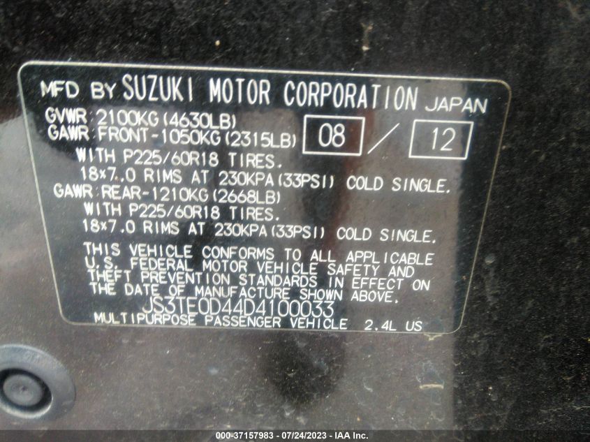 2013 SUZUKI GRAND VITARA XSPORT - JS3TE0D44D4100033
