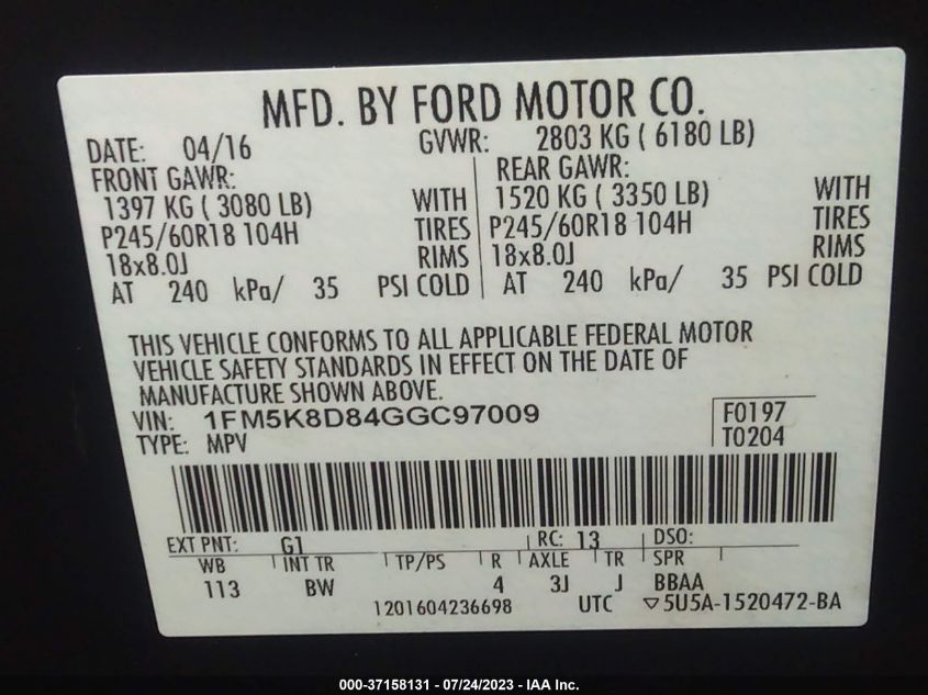 2016 FORD EXPLORER XLT - 1FM5K8D84GGC97009