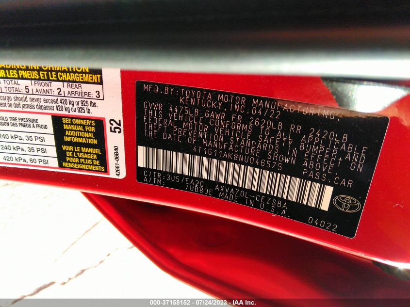 2022 TOYOTA CAMRY SE/SE NIGHT SHADE - 4T1G11AK8NU046575
