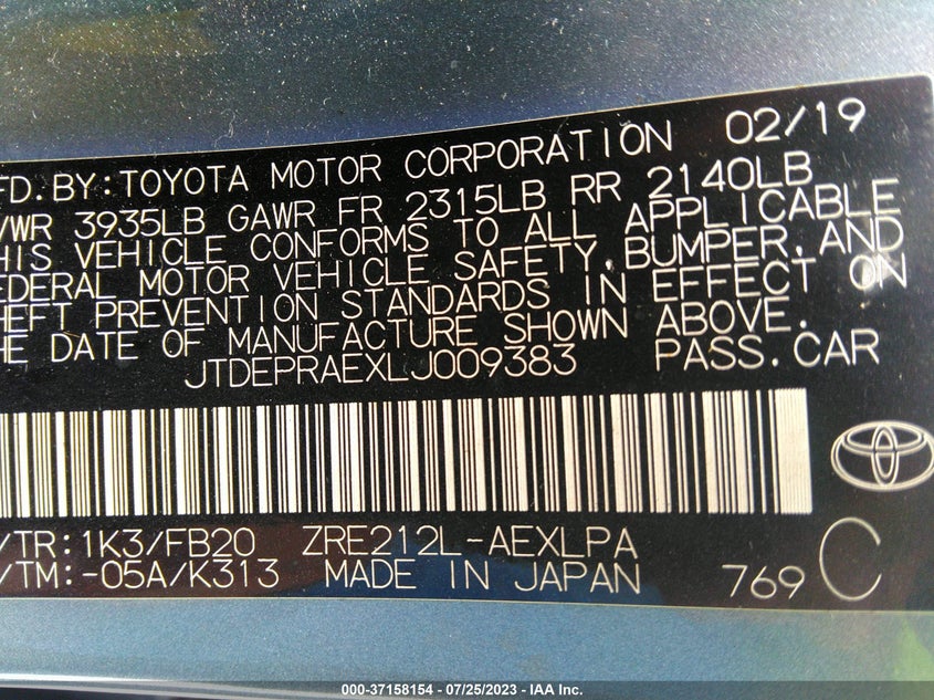 VIN JTDEPRAEXLJ009383 2020 TOYOTA COROLLA LE