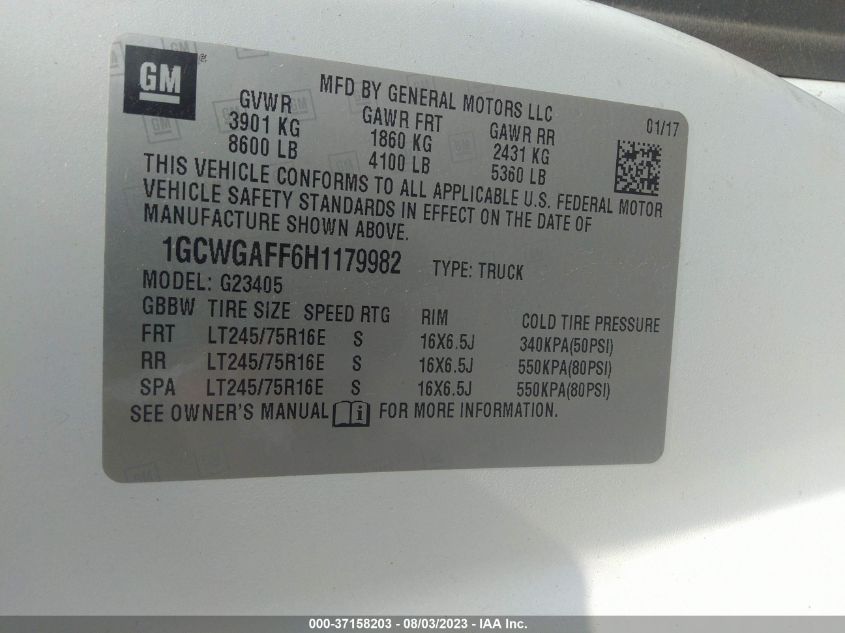 2017 CHEVROLET EXPRESS CARGO VAN - 1GCWGAFF6H1179982