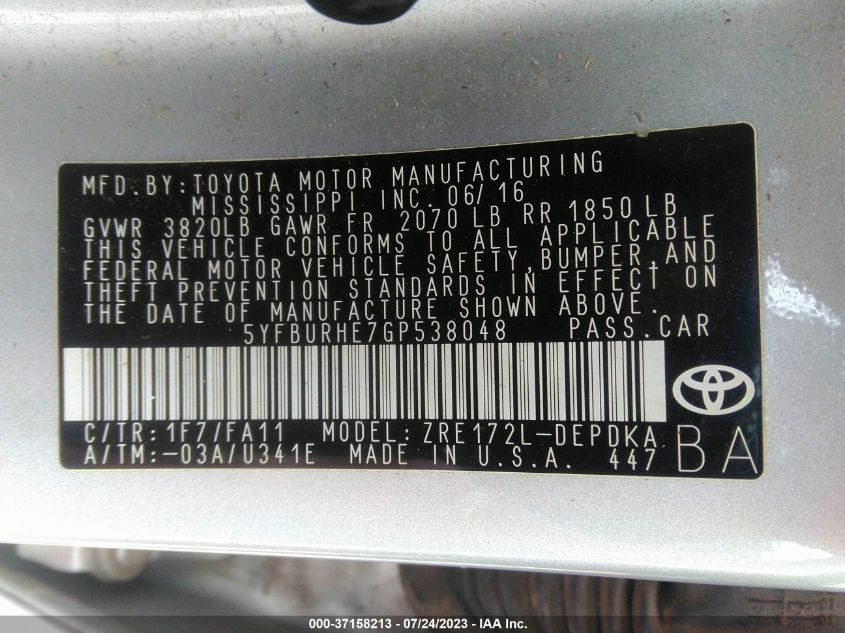 2016 TOYOTA COROLLA L/LE/S/S PLUS/LE PLUS - 5YFBURHE7GP538048