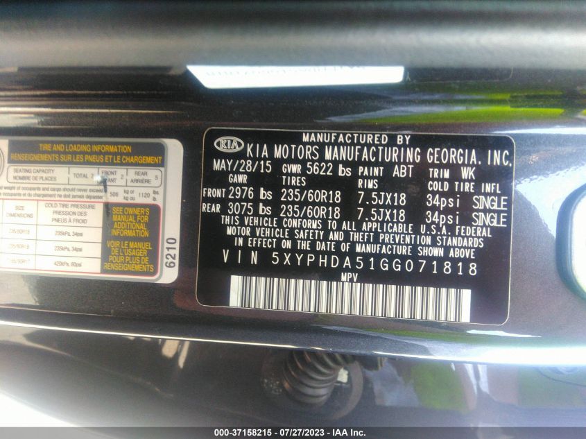 2016 KIA SORENTO EX - 5XYPHDA51GG071818
