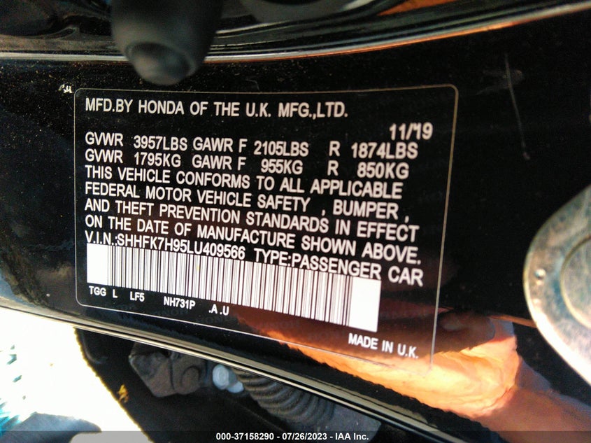 VIN SHHFK7H95LU409566 2020 HONDA CIVIC HATCHBACK SPORT TOURING