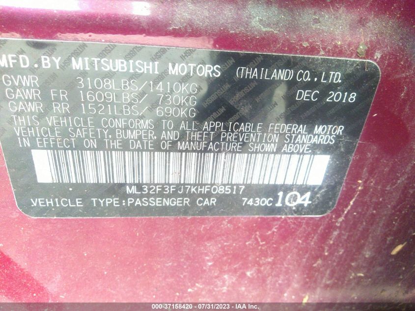2019 MITSUBISHI MIRAGE G4 ES/RF - ML32F3FJ7KHF08517