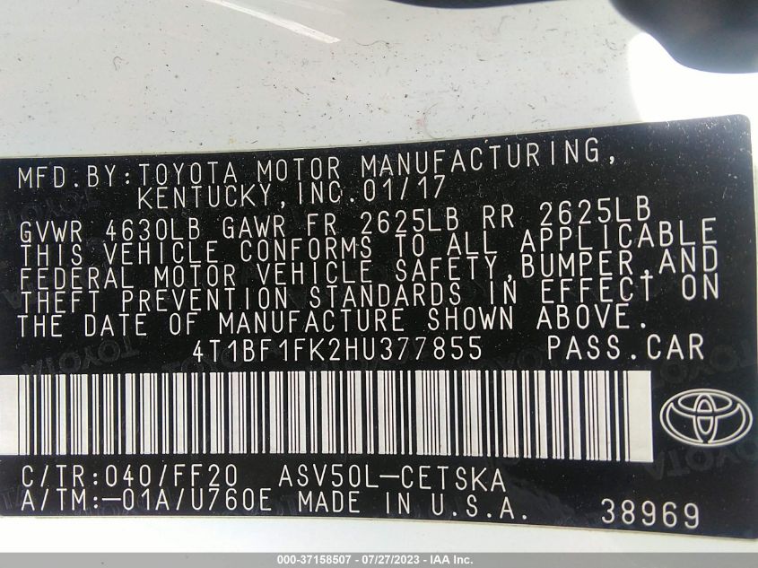 2017 TOYOTA CAMRY XLE/SE/LE/XSE - 4T1BF1FK2HU377855