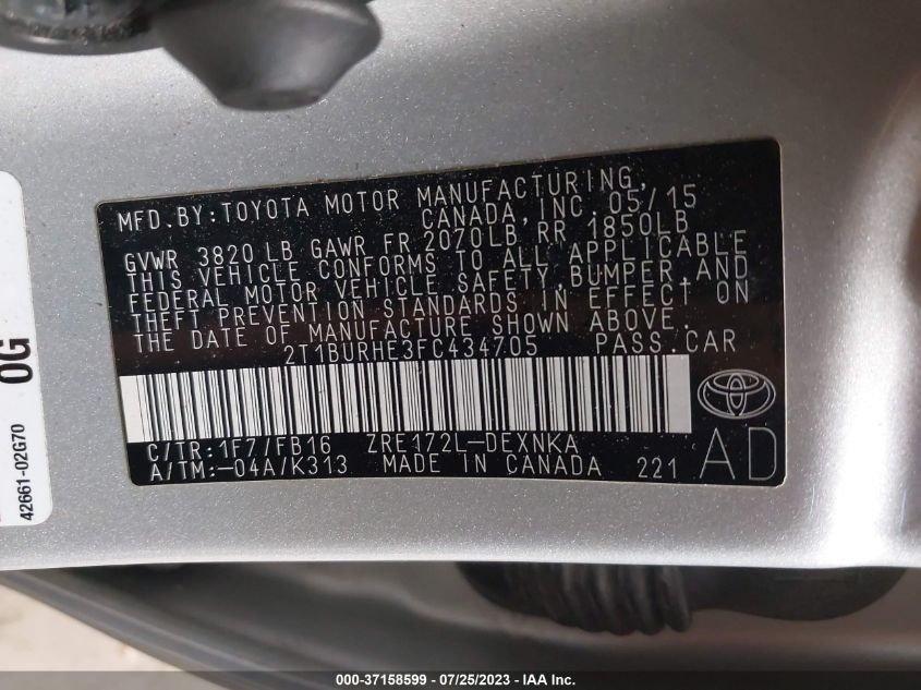 2015 TOYOTA COROLLA L/LE/S/S PLUS/LE PLUS - 2T1BURHE3FC434705