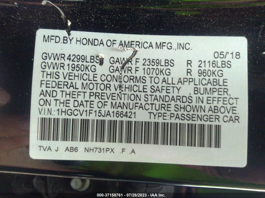 2018 HONDA ACCORD SEDAN LX 1.5T - 1HGCV1F15JA166421
