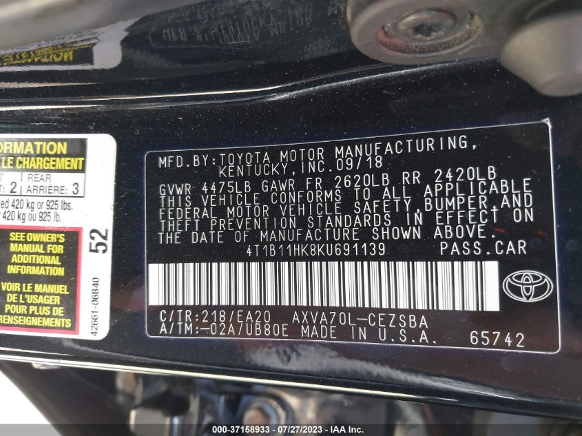 2019 TOYOTA CAMRY LE/SE/XLE/L - 4T1B11HK8KU691139