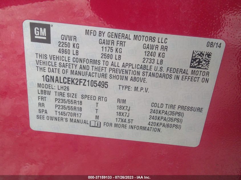 2015 CHEVROLET EQUINOX LT - 1GNALCEK2FZ105495