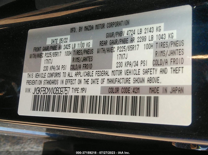 VIN JM3KFBCMXN0609757 2022 MAZDA CX-5 2.5 S PREFERRED PACKAGE