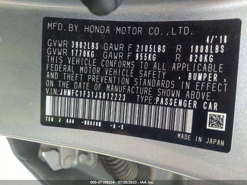 2018 HONDA CIVIC SEDAN EX-T - JHMFC1F31JX012223