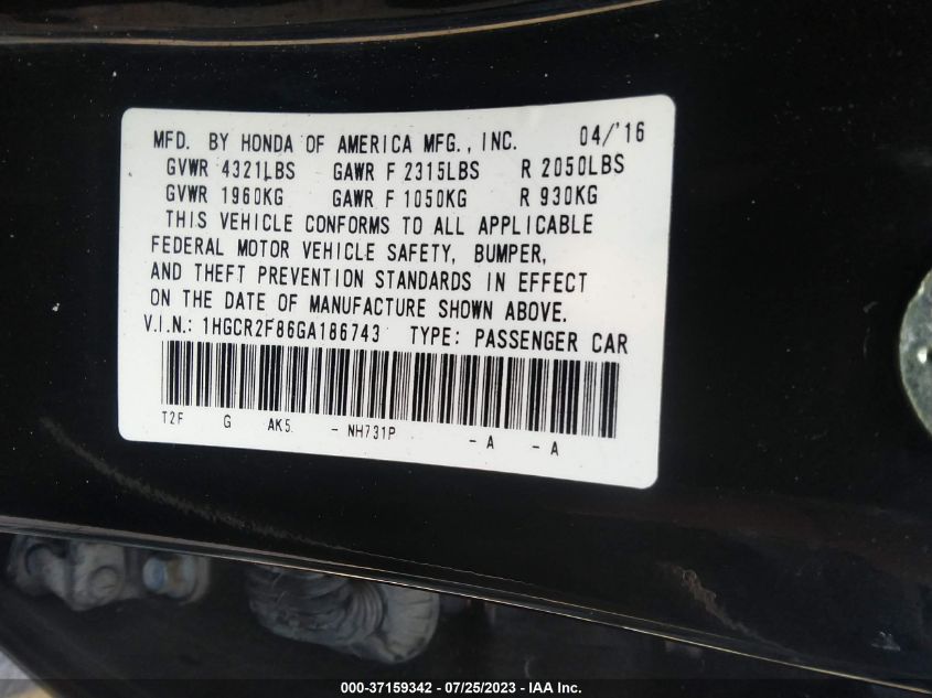 2016 HONDA ACCORD SEDAN EX-L - 1HGCR2F86GA186743