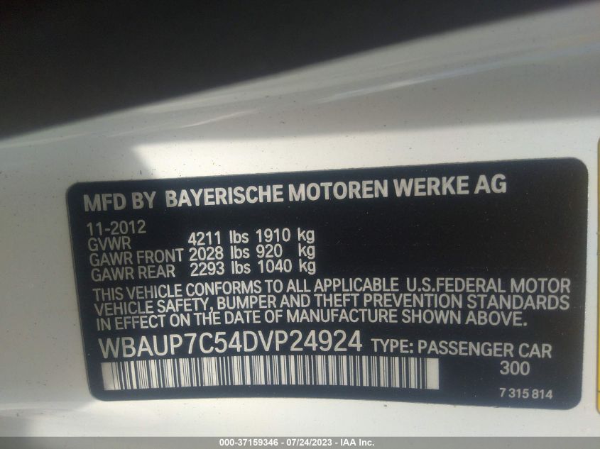 2013 BMW 1 SERIES 128I WBAUP7C54DVP24924