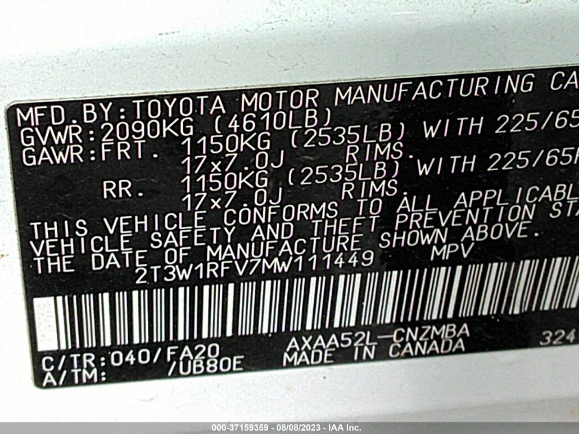 2021 TOYOTA RAV4 XLE - 2T3W1RFV7MW111449