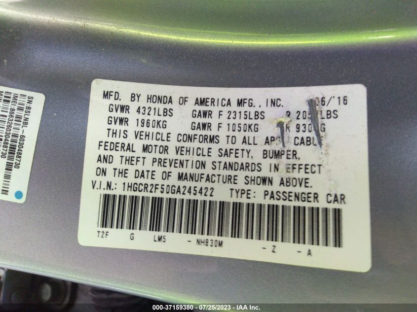 2016 HONDA ACCORD SEDAN SPORT - 1HGCR2F50GA245422