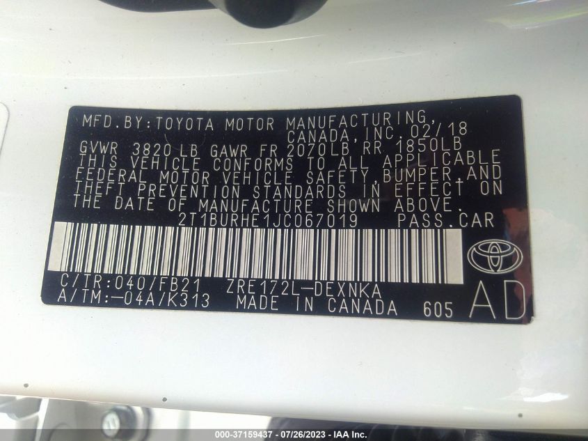VIN 2T1BURHE1JC067019 2018 TOYOTA COROLLA L/LE/XLE/SE/XSE