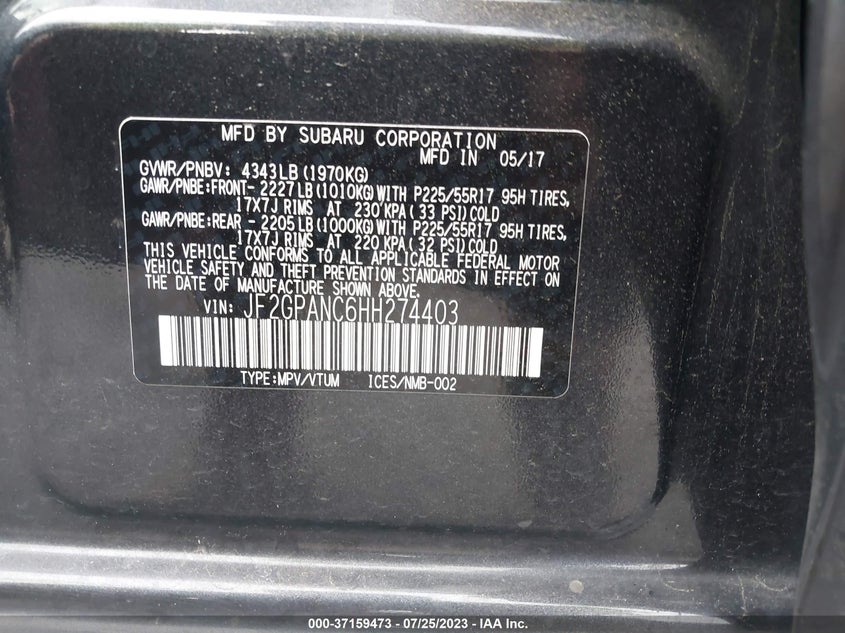 VIN JF2GPANC6HH274403 2017 SUBARU CROSSTREK LIMITED