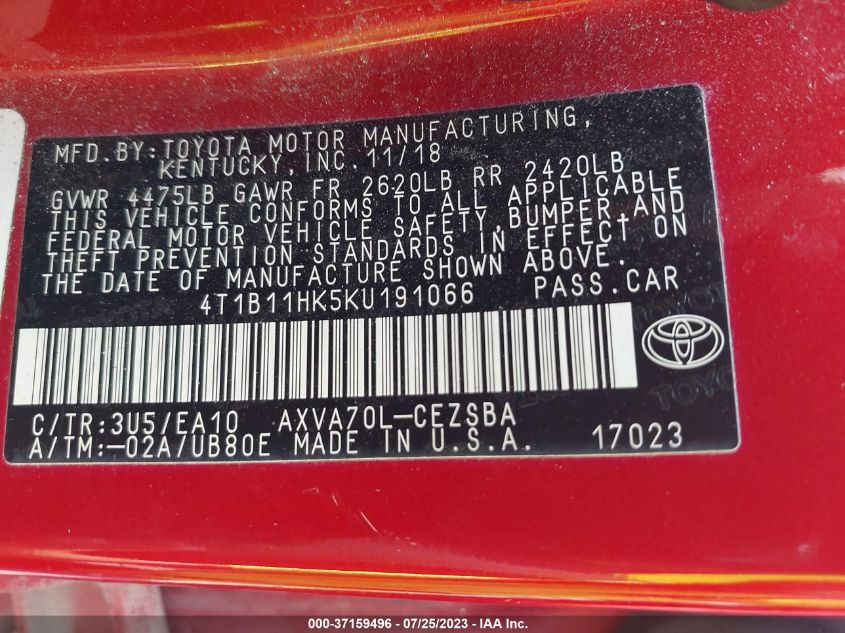 2019 TOYOTA CAMRY LE/SE/XLE/L - 4T1B11HK5KU191066
