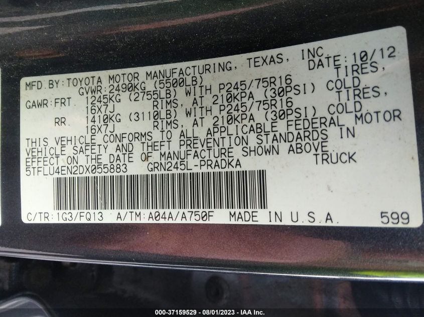 2013 TOYOTA TACOMA - 5TFLU4EN2DX055883
