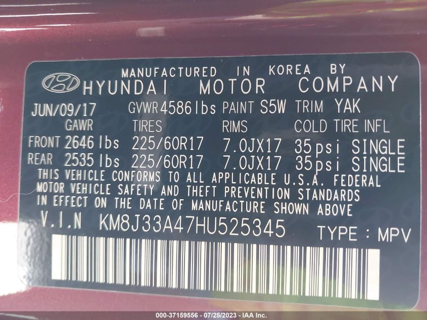 2017 HYUNDAI TUCSON SE - KM8J33A47HU525345
