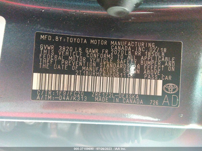 2018 TOYOTA COROLLA L/LE/XLE/SE/XSE - 2T1BURHE6JC061118