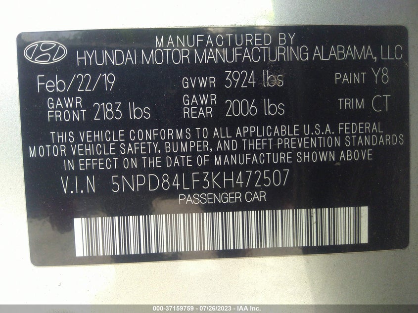 VIN 5NPD84LF3KH472507 2019 HYUNDAI ELANTRA SEL