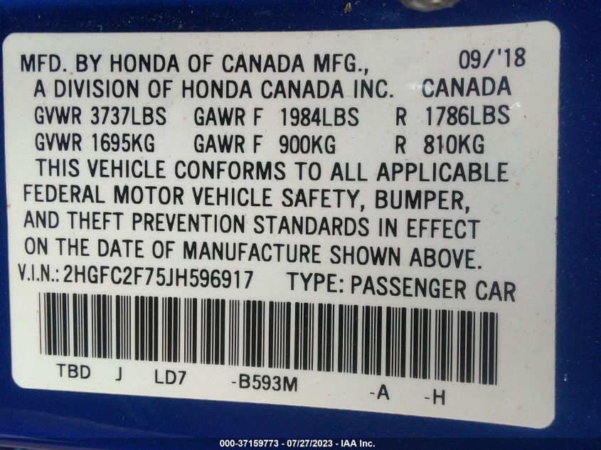 2018 HONDA CIVIC SEDAN EX - 2HGFC2F75JH596917