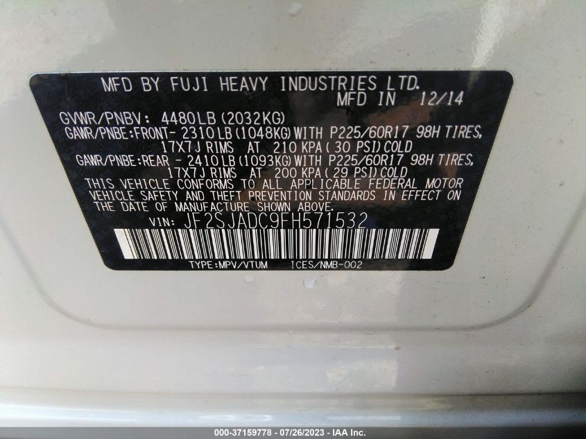 2015 SUBARU FORESTER 2.5I PREMIUM - JF2SJADC9FH571532