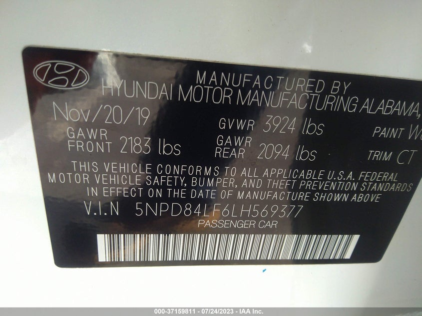 VIN 5NPD84LF6LH569377 2020 HYUNDAI ELANTRA SEL