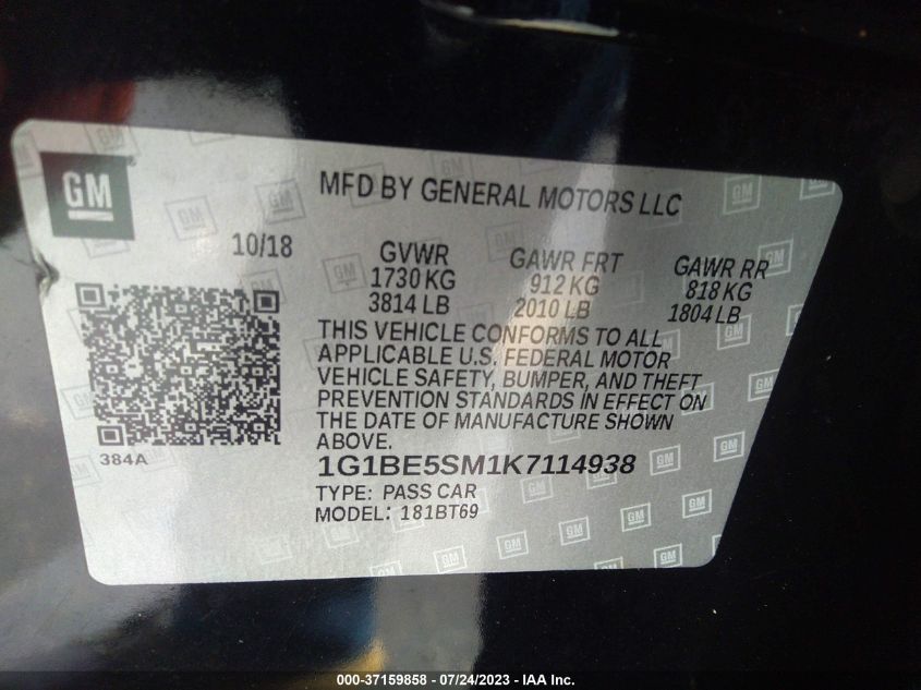 2019 CHEVROLET CRUZE LT - 1G1BE5SM1K7114938