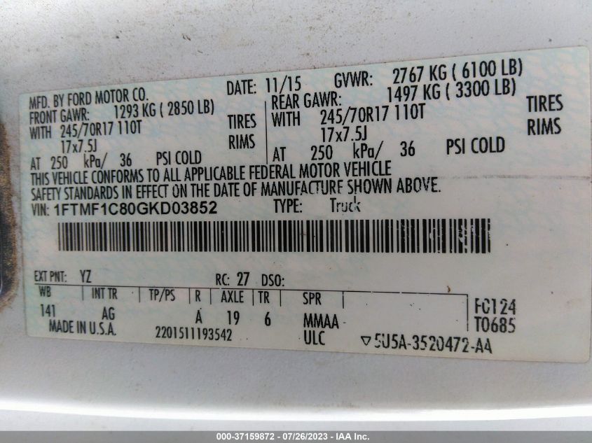 2016 FORD F-150 XL/XLT - 1FTMF1C80GKD03852